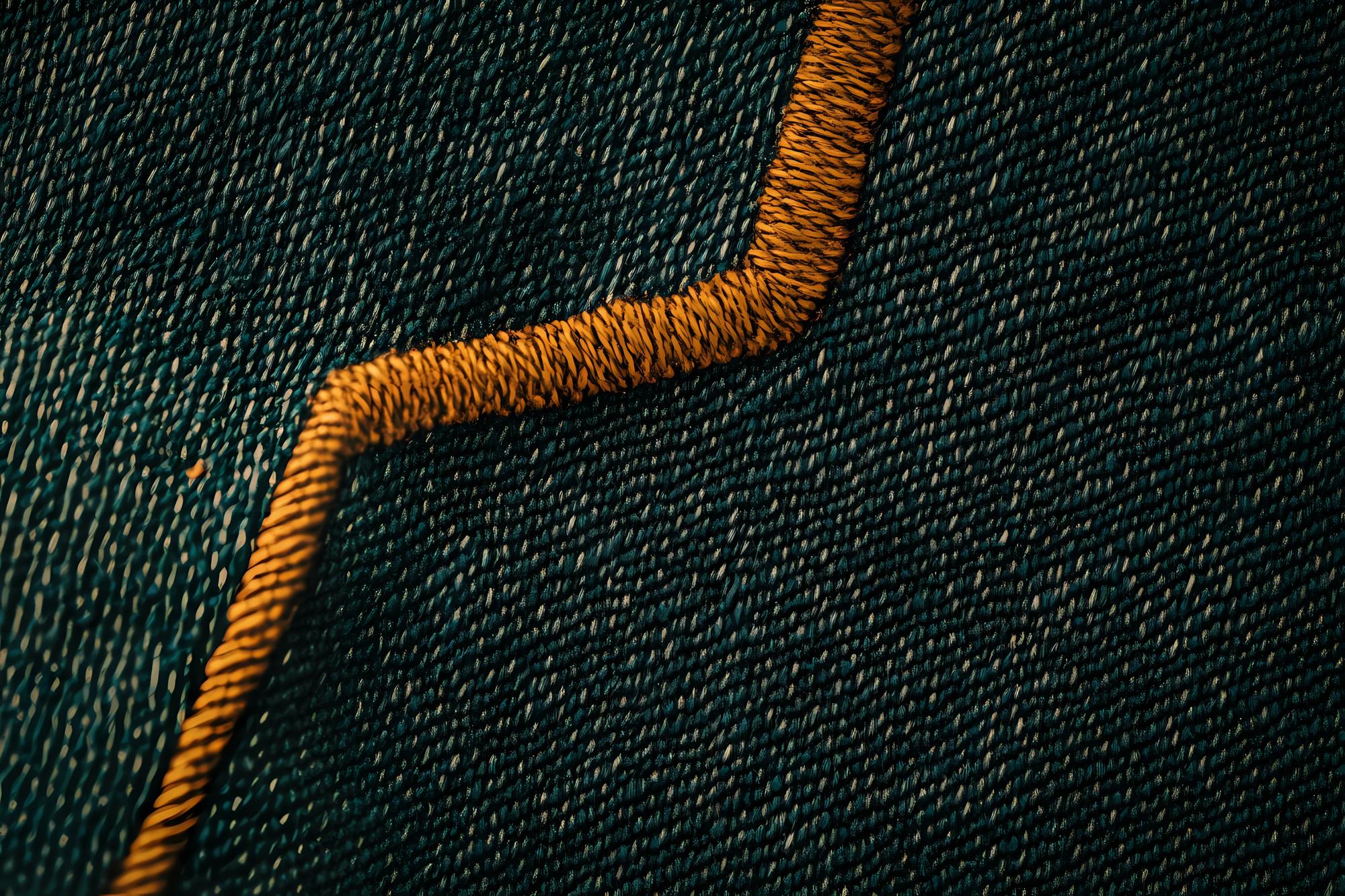 Close-up of embroidered metallic thread on black fabric